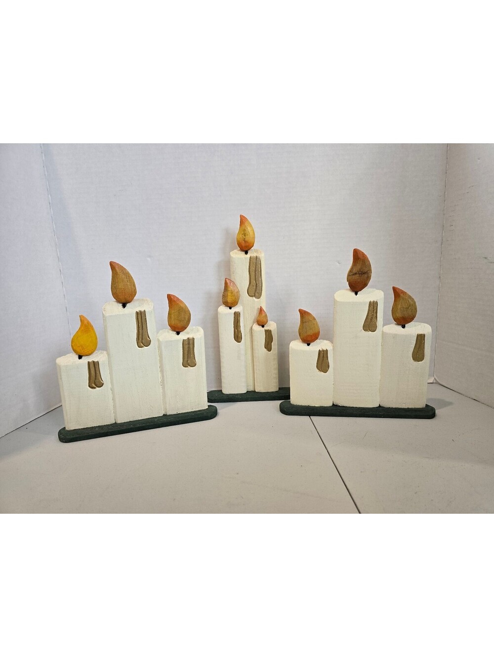 Vtg Set of 3 Handcrafted Wooden Candle Decorations w/ Painted Flames & Dripping